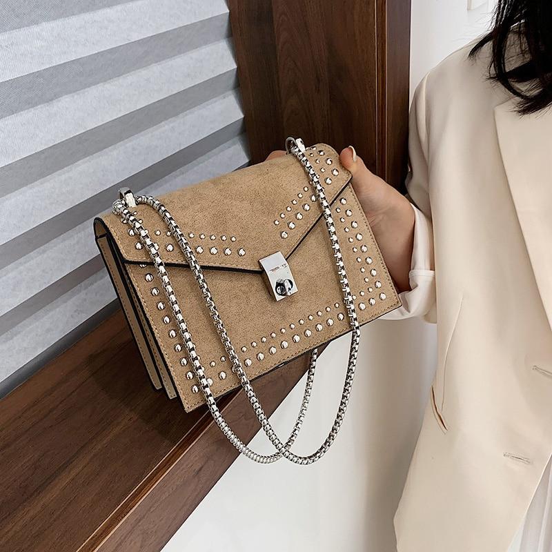 Scrub Leather Chain Rivet Lock Shoulder Bag