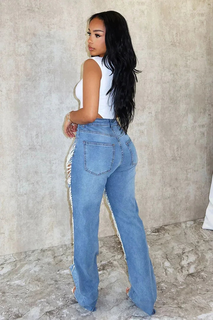 Women Fashion Pearl Beading Ripped Hollow Out Tassel Wide Leg Jeans