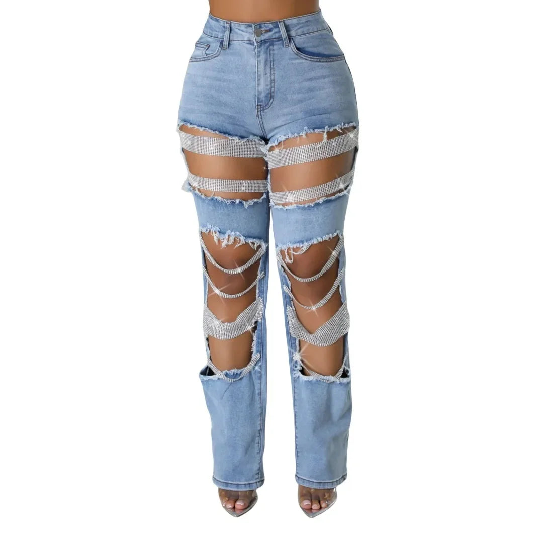 Women Fashion Pearl Beading Ripped Hollow Out Tassel Wide Leg Jeans