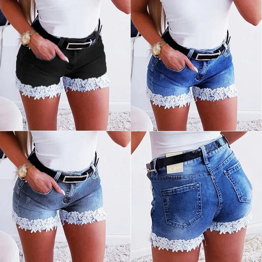 Women Slim Denim Shorts Stretch Lace Stitching Jeans Shorts