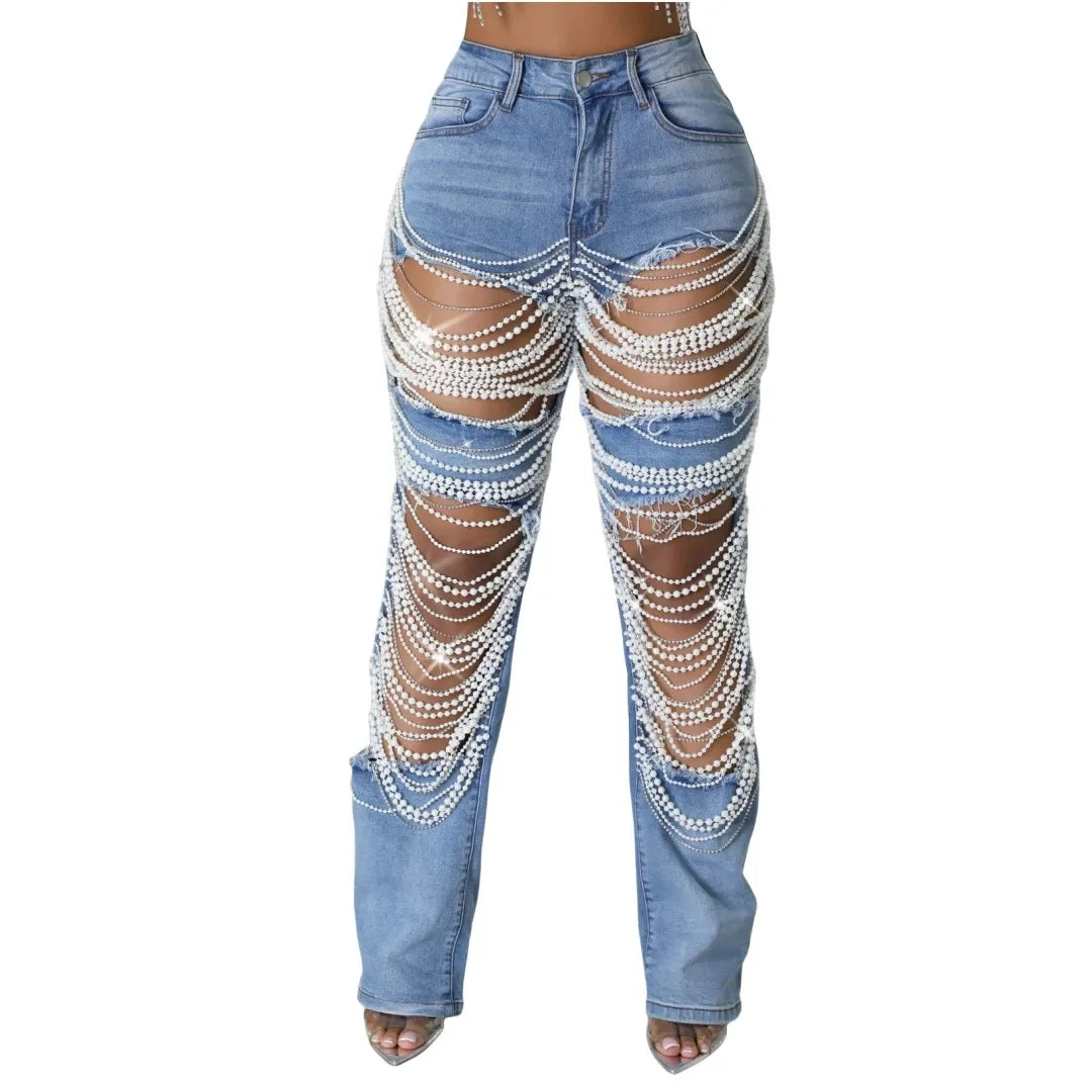 Women Fashion Pearl Beading Ripped Hollow Out Tassel Wide Leg Jeans